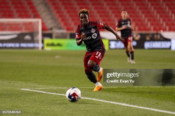 Latif Blessing of Toronto FC dribbles the ball against New York City FC during the second half of a 2023 Leagues Cup match at Red Bull Arena on July...