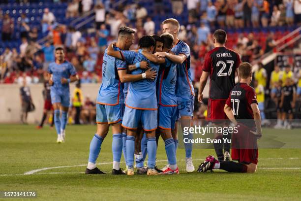 New York City FC celebrate after a goal against Toronto FC during the first half of a 2023 Leagues Cup match at Red Bull Arena on July 26, 2023 in...