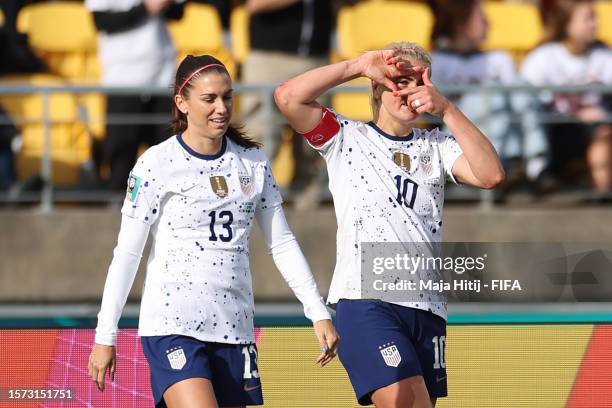 Lindsey Horan of USA celebrates with teammate Alex Morgan after scoring her team's first goal during the FIFA Women's World Cup Australia & New...