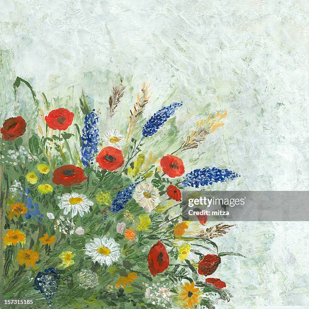 painting of a bouquet of colorful wild flowers  - oil painting flowers stock illustrations