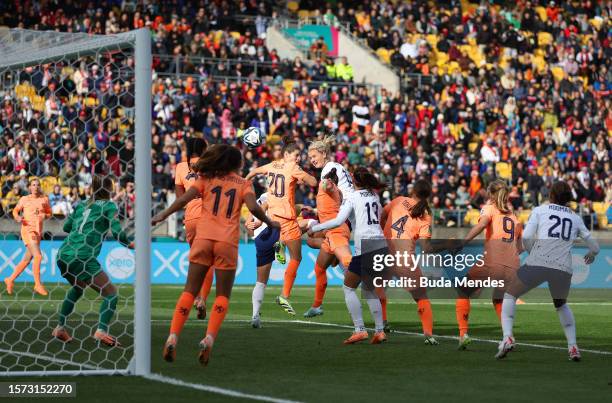 Lindsey Horan of USA heads to score her team's first goal during the FIFA Women's World Cup Australia & New Zealand 2023 Group E match between USA...