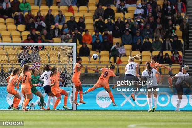 Lindsey Horan of USA heads to score her team's first goal during the FIFA Women's World Cup Australia & New Zealand 2023 Group E match between USA...