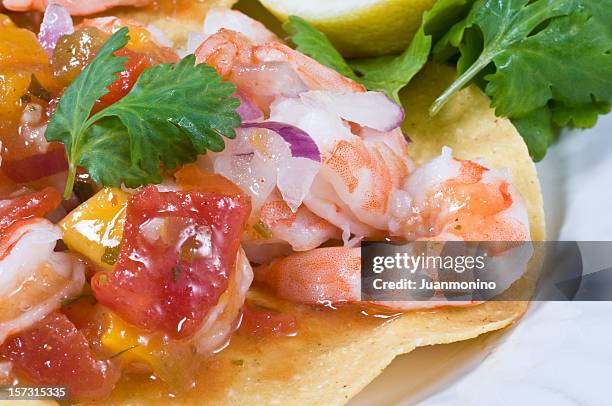 shrimp ceviche tostada - tostada stock pictures, royalty-free photos & images