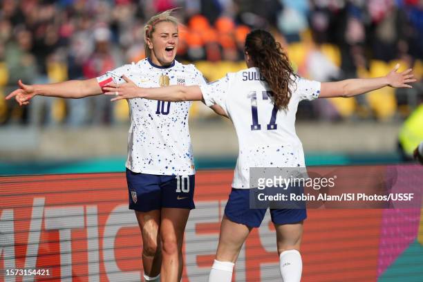 Lindsey Horan of the United States celebrates scoring with Andi Sullivan during the second half against the Netherlands during the FIFA Women's World...