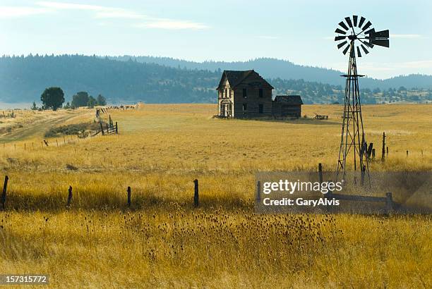 steinbeck homestead w/ windmill and fence - country western outside stock pictures, royalty-free photos & images