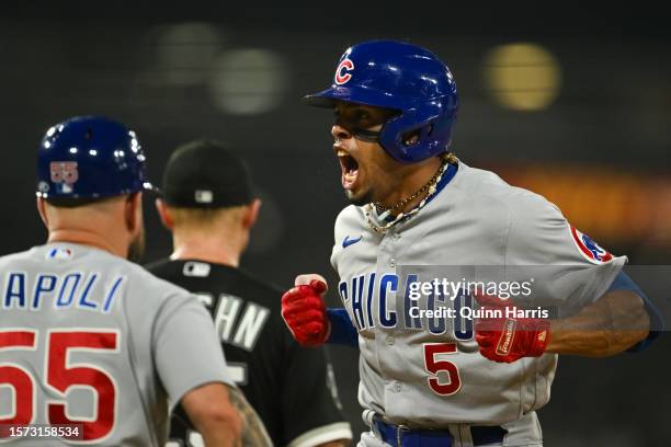 Christopher Morel of the Chicago Cubs reacts after his two-run double in the fifth inning against the Chicago White Sox at Guaranteed Rate Field on...