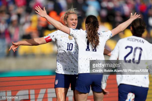 Lindsey Horan of the United States celebrates scoring with Andi Sullivan during the second half against the Netherlands during the FIFA Women's World...