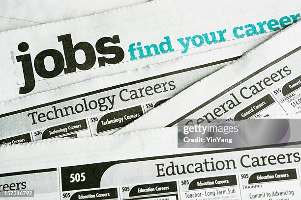 job search and employment, occupation opportunity classified ad newspaper page - job search stock pictures, royalty-free photos & images