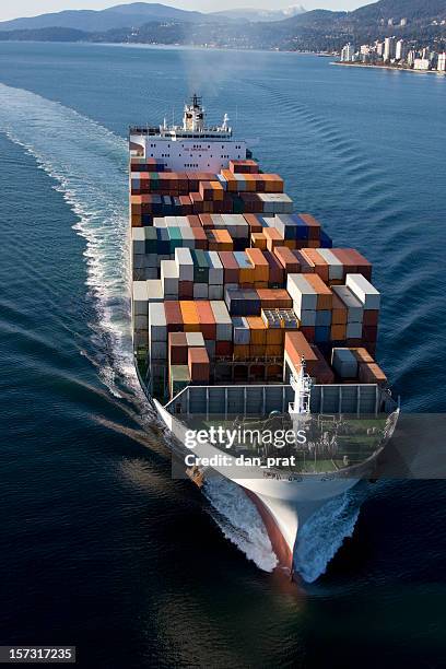 cargo container ship aerial view - vancouver port stock pictures, royalty-free photos & images