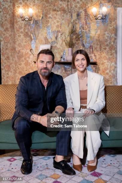 Dan Macpherson and Ruby Rose pose during a media preview of "2:22 - A Ghost Story" at Her Majesty's Theatre on July 27, 2023 in Melbourne, Australia.