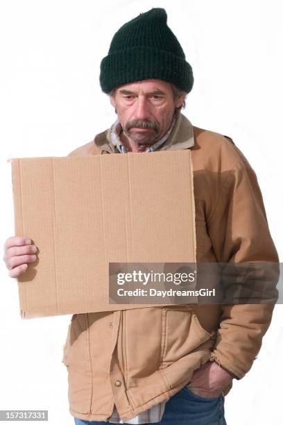 homeless man holding sign isolated on white background - homeless man stock pictures, royalty-free photos & images