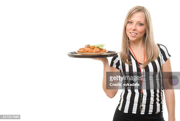 sports bar waitress with buffalo wings - chicken strip stock pictures, royalty-free photos & images