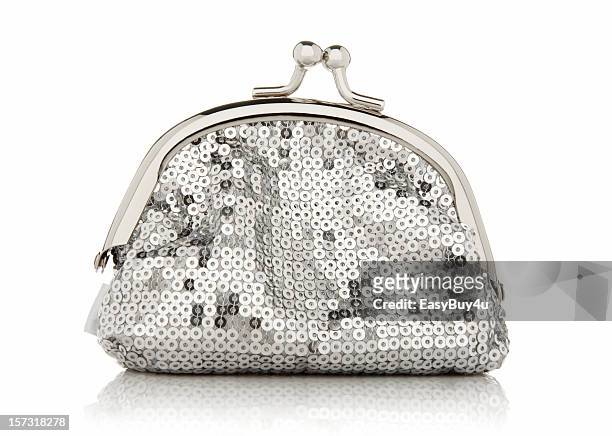 clutch purse with silver sequins and a metal opening hatch - gray purse stockfoto's en -beelden