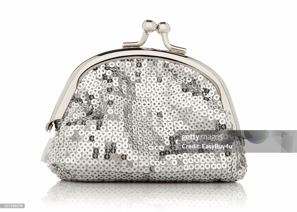 Clutch purse with silver sequins and a metal opening hatch