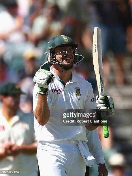 De Villiers of South Africa celebrates after scoring his century during day three of the Third Test Match between Australia and South Africa at WACA...