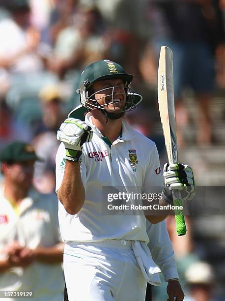 De Villiers of South Africa celebrates after scoring his century during day three of the Third Test Match between Australia and South Africa at WACA...