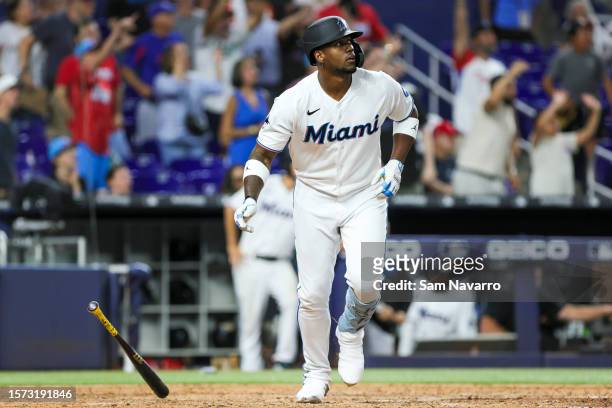 Jorge Soler of the Miami Marlins looks on after hitting a solo home run against the Philadelphia Phillies during the ninth inning at loanDepot park...