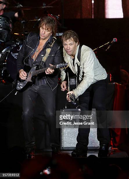 Musicians Richie Sambora and Jon Bon Jovi perfom during the MasterCard Priceless Los Angeles Presents GRAMMY Artists Revealed Featuring Bon Jovi at...