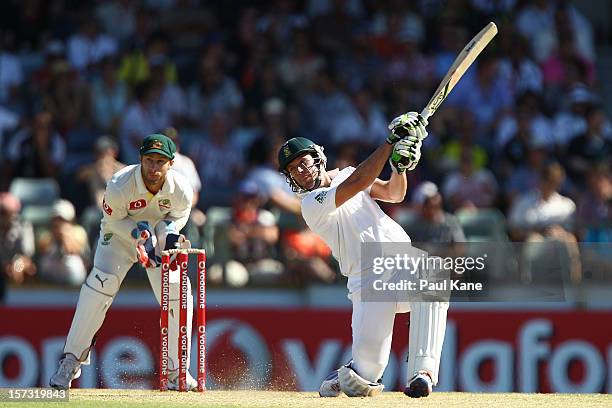 De Villiers of South Africa hits out during day three of the Third Test Match between Australia and South Africa at WACA on December 2, 2012 in...