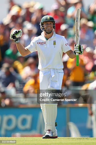 De Villiers of South Africa celebrates scoring a century during day three of the Third Test Match between Australia and South Africa at the WACA on...