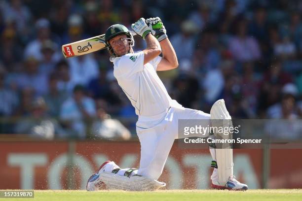 De Villiers of South Africa bats during day three of the Third Test Match between Australia and South Africa at the WACA on December 2, 2012 in...