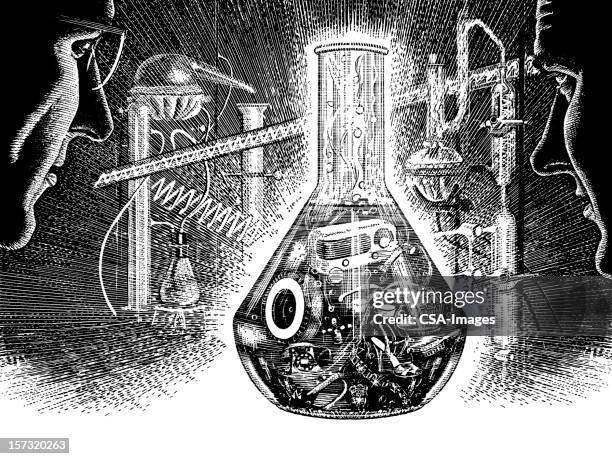 men looking at science lab - conical flask stock illustrations