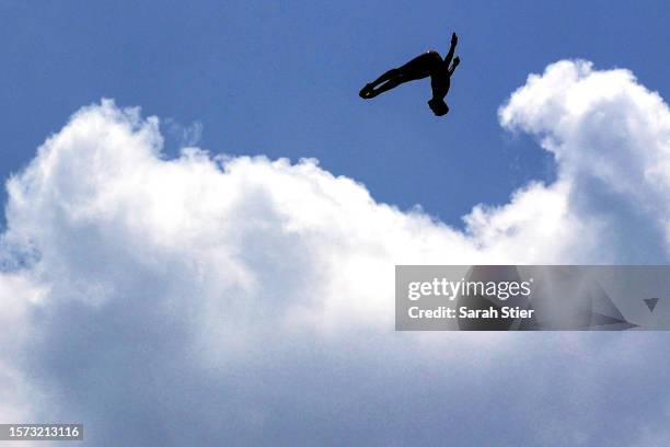 An athlete takes a practice dive prior to the Men's High Diving on day three of the Fukuoka 2023 World Aquatics Championships at Seaside Momochi...