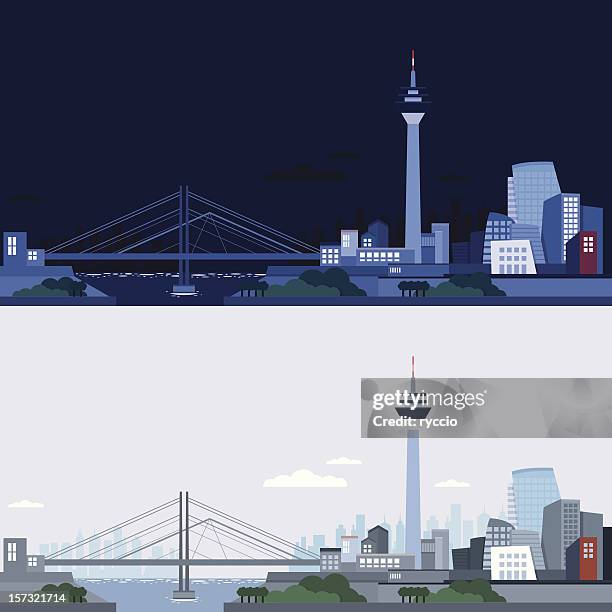 düsseldorf skyline nacht und tag (vektor) - skyline stock-grafiken, -clipart, -cartoons und -symbole