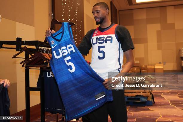 Mikal Bridges of the Brooklyn Nets smiles on August 2, 2023 in Las Vegas, Nevada. NOTE TO USER: User expressly acknowledges and agrees that, by...