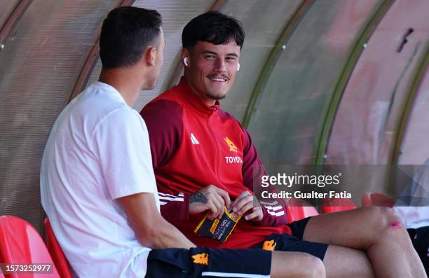 Mile Svilar of AS Roma with Nemanja Matic of AS Roma before the start of the Pre-Season Friendly match between AS Roma and SC Braga at Estadio...