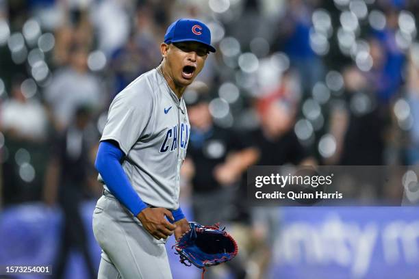Adbert Alzolay of the Chicago Cubs celebrates after the 10-7 win against the Chicago White Sox at Guaranteed Rate Field on July 26, 2023 in Chicago,...