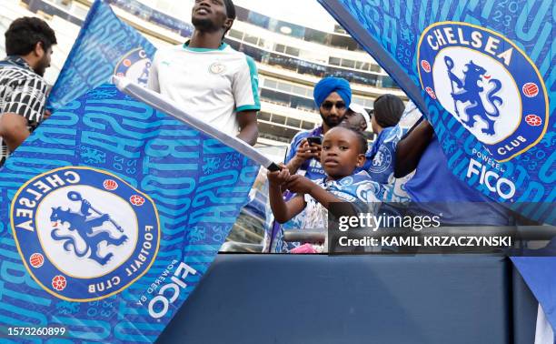 Chealsea fans cheer during a pre-season friendly football match between Chelsea FC and Borussia Dortmund BVB at Soldier Field in Chicago, Illinois,...