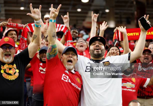 Fans react during the game between Manchester United and Real Madrid during the 2023 Soccer Champions Tour match at NRG Stadium on July 26, 2023 in...