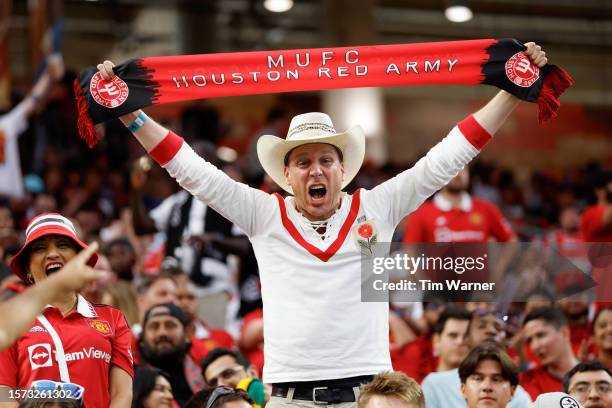 Fans react during the game between Manchester United and Real Madrid during the 2023 Soccer Champions Tour match at NRG Stadium on July 26, 2023 in...