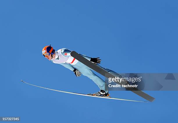 ski jumper flying - ski jumper stock pictures, royalty-free photos & images