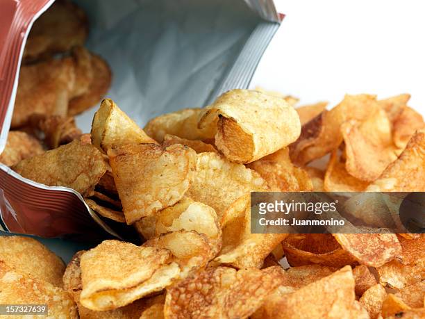 open bag of chips - lunch bag white background stock pictures, royalty-free photos & images