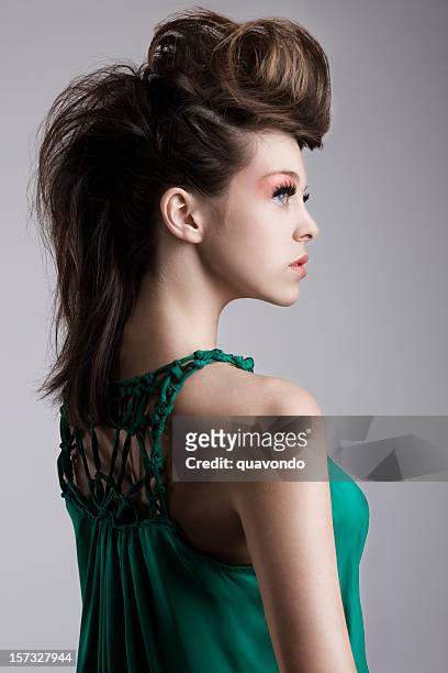 schöne brunette model mit großen frisur, profil - beehive hair stock-fotos und bilder