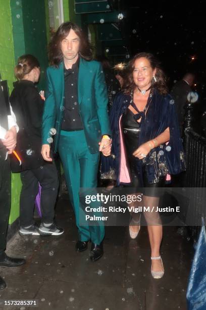 Bobby Gillespie and Jade Jagger seen leaving Mick Jagger's 80th birthday party at Embargo Republica nightclub in Chelsea on July 26, 2023 in London,...