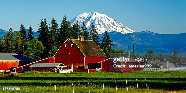 mount rainier und rote scheune - red barn usa stock-fotos und bilder