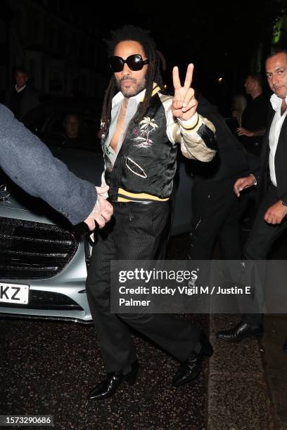 Lenny Kravitz seen leaving Mick Jagger's 80th birthday party at Embargo Republica nightclub in Chelsea on July 26, 2023 in London, England.