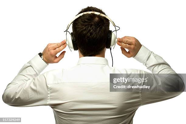 back view of male in a white polo performing sound check - disco polo stock pictures, royalty-free photos & images