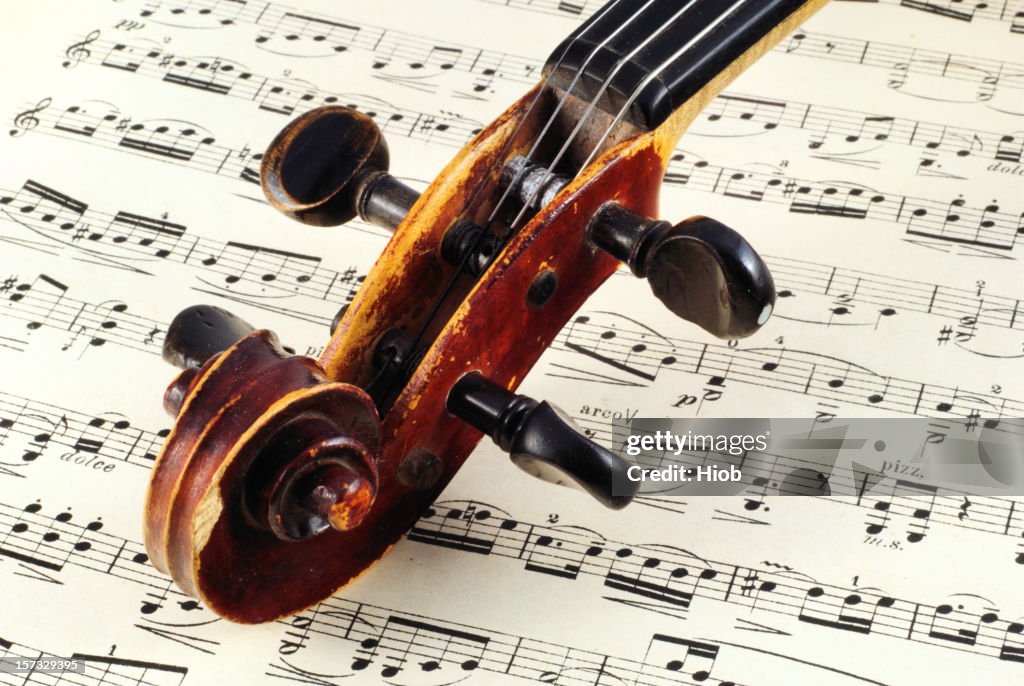 Close up of the top of a violin on a music sheet