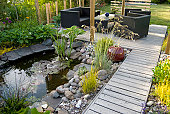 Patio and pond in the afternoon sun