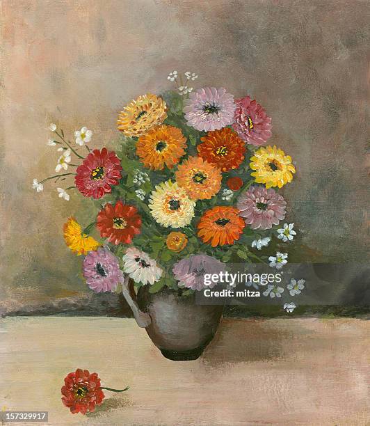 still life with zinnia flowers on textured grey background - oil painting flowers stock illustrations