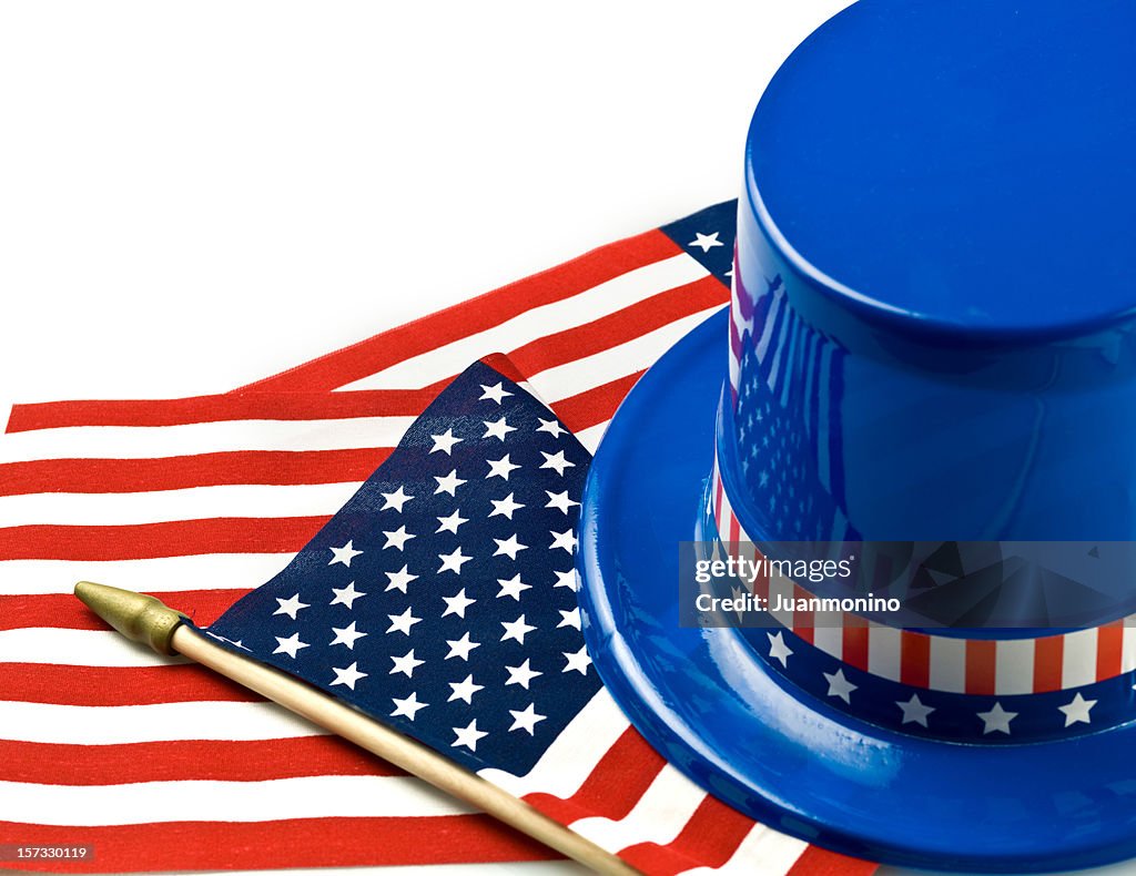 US flags and blue patriotic hat with Stripped Banner