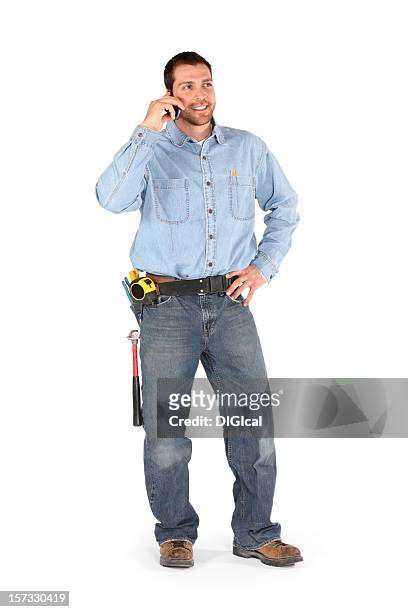 male contractor talking on the phone - blue collar construction isolated stock pictures, royalty-free photos & images