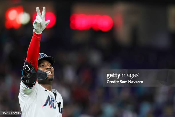 Jesus Sanchez of the Miami Marlins reacts after hitting a walk-off single against the Philadelphia Phillies during the 12th inning at loanDepot park...