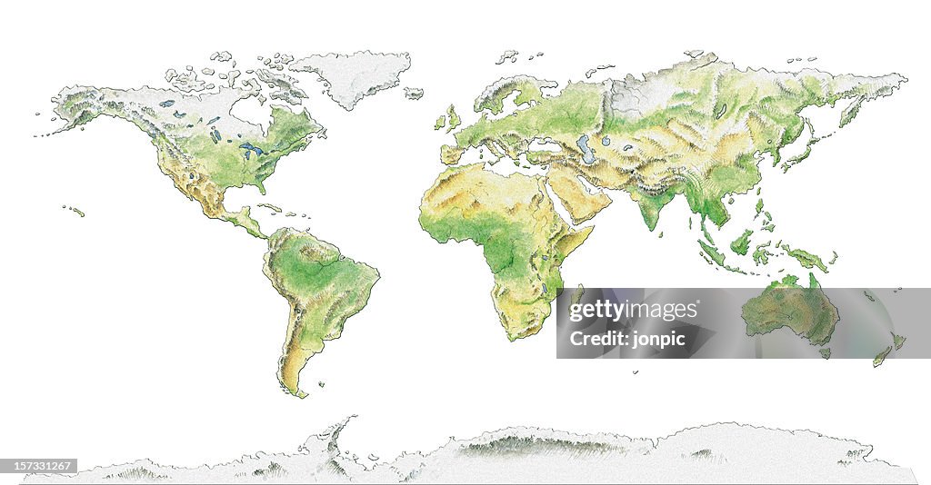 Topographical map of the World, water colour illustration