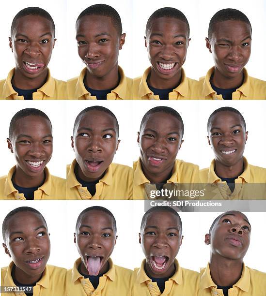 african american boy with various facial expressions - mouth smirk stock pictures, royalty-free photos & images
