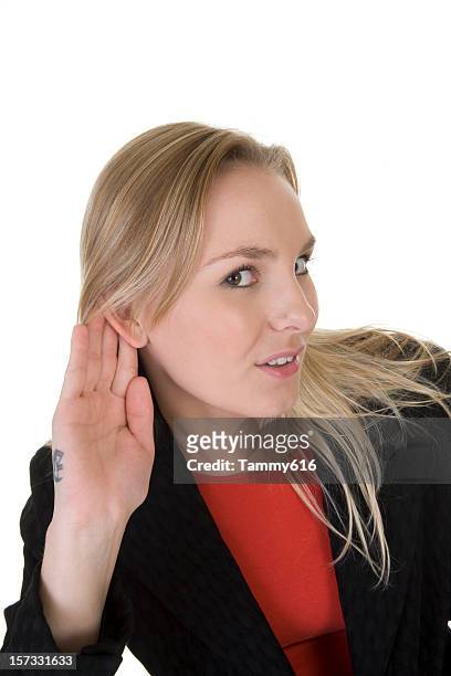 i'm listening - business woman in red suit jacket stock pictures, royalty-free photos & images